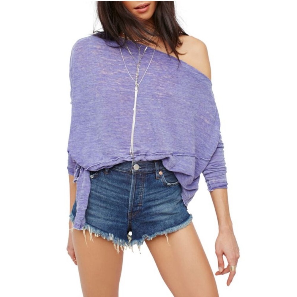 Free People Love Lane Off‎ The Shoulder Tee XS purple white slouchy tie boho EUC